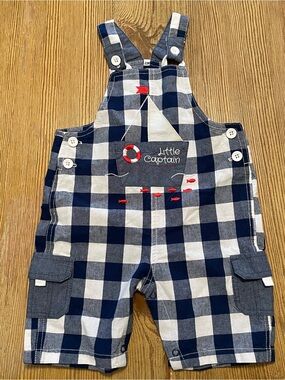 Little Captain Navy & White Gingham Kids Overalls 100% Cotton